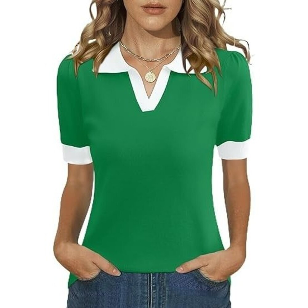 LOMON Women's Polo Sweaters MEDIUM Green Puff Short Sleeve V-Neck Ribbed Shirts